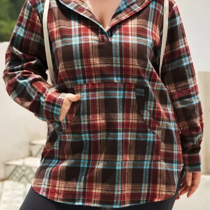 Drawstring Plaid Quarter Button Hoodie